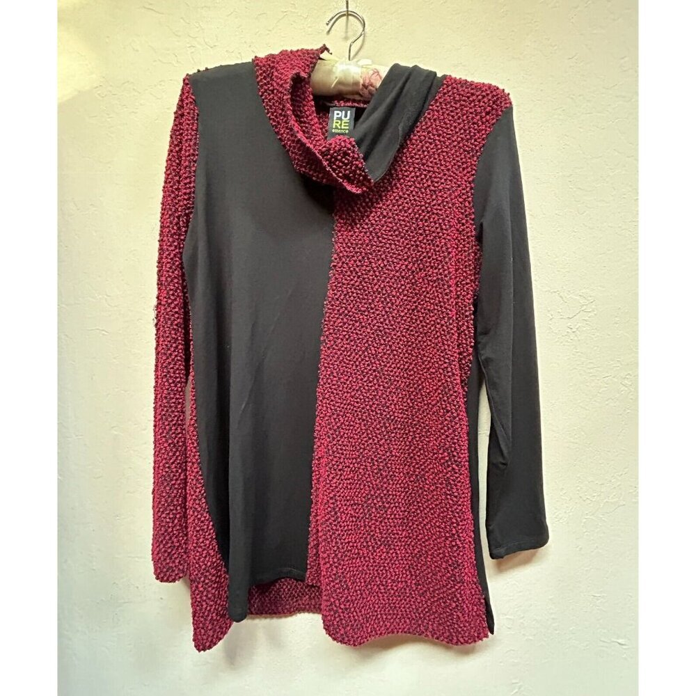 New Pure Essence Womens Medium Colorblock Cowl Neck Top Blouse Ruby Black